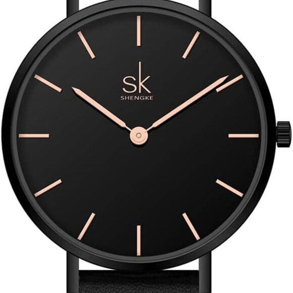 Fashionable Two-Hand Ultra Thin Watch - Smart Black Leather Strap for Women - Picture 1 of 7